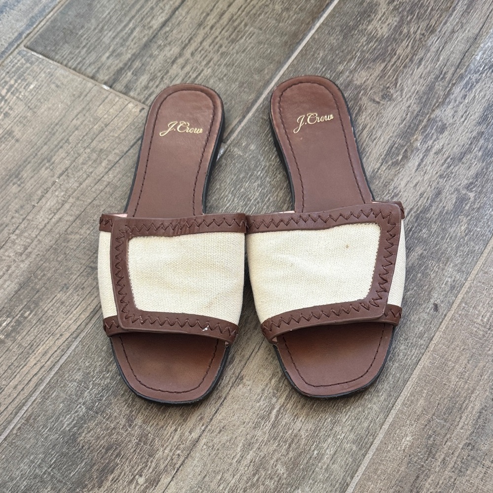 J. Crew Brown and Cream Slide Sandals
